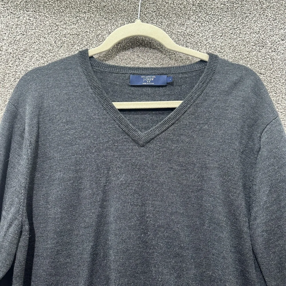 J Crew Pullover V Neck Sweater Men Large Gray 100% Merino Wool‎ Preppy Classic